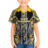 Aotearoa Ngati Raukawa Kid Hawaiian Shirt Maori Tribal Yellow And Navy Paua Shell Pattern