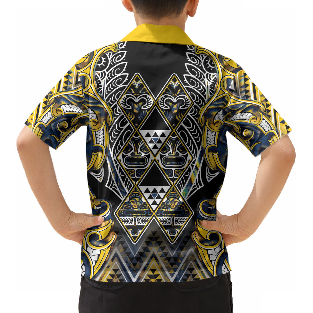 Aotearoa Ngati Raukawa Kid Hawaiian Shirt Maori Tribal Yellow And Navy Paua Shell Pattern