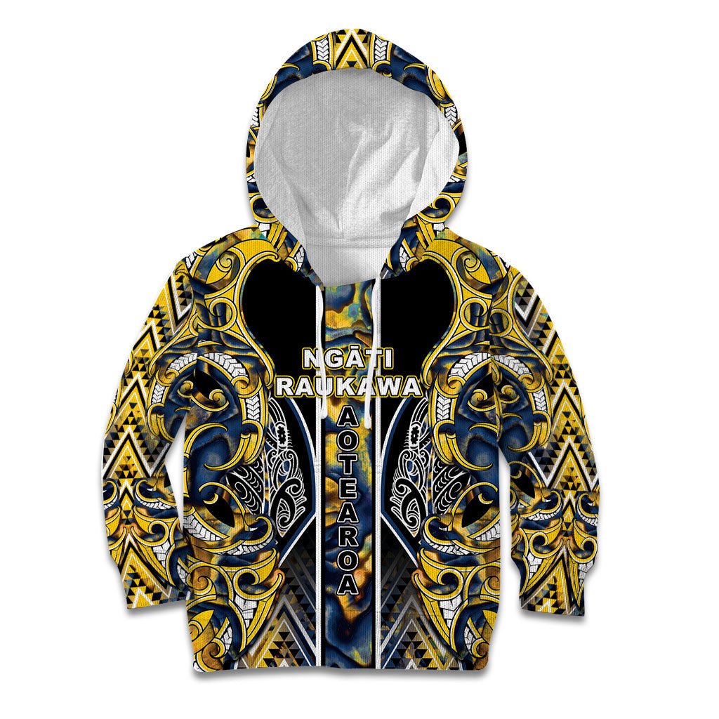 Aotearoa Ngati Raukawa Kid Hoodie Maori Tribal Yellow And Navy Paua Shell Pattern