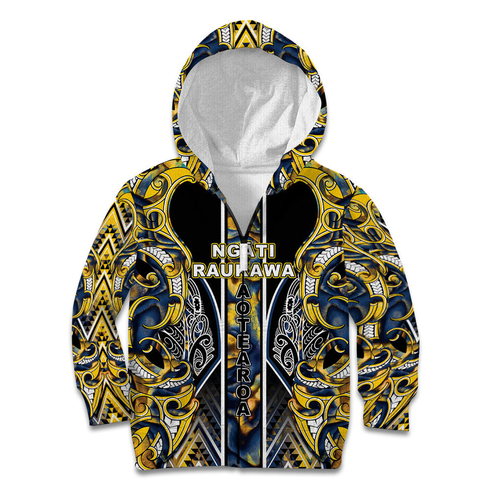 Aotearoa Ngati Raukawa Kid Hoodie Maori Tribal Yellow And Navy Paua Shell Pattern