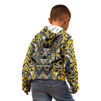 Aotearoa Ngati Raukawa Kid Hoodie Maori Tribal Yellow And Navy Paua Shell Pattern