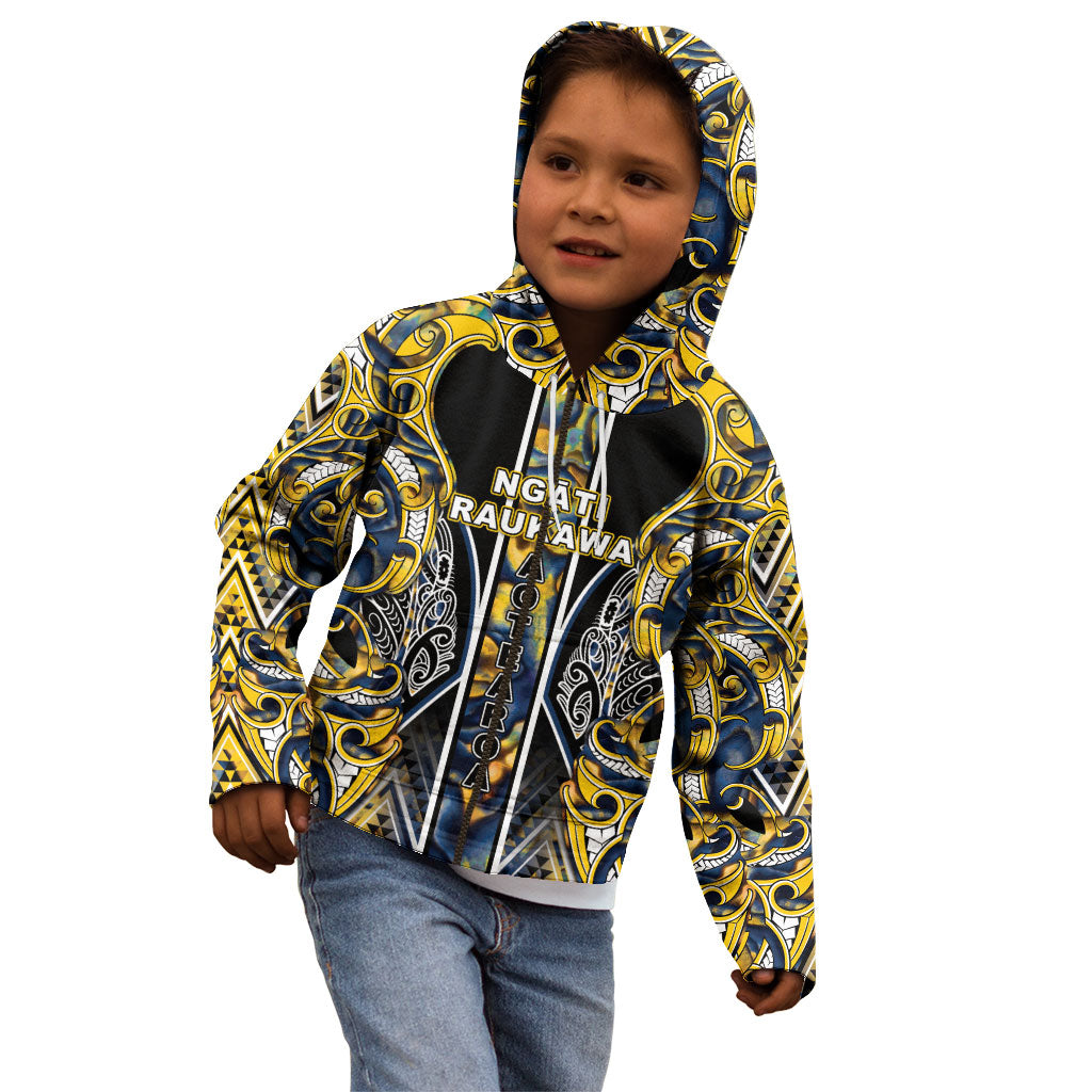 Aotearoa Ngati Raukawa Kid Hoodie Maori Tribal Yellow And Navy Paua Shell Pattern