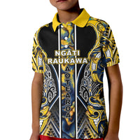 Aotearoa Ngati Raukawa Kid Polo Shirt Maori Tribal Yellow And Navy Paua Shell Pattern
