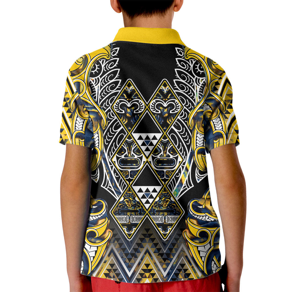 Aotearoa Ngati Raukawa Kid Polo Shirt Maori Tribal Yellow And Navy Paua Shell Pattern