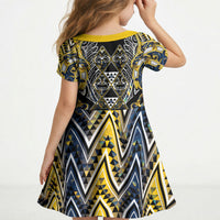 Aotearoa Ngati Raukawa Kid Short Sleeve Dress Maori Tribal Yellow And Navy Paua Shell Pattern