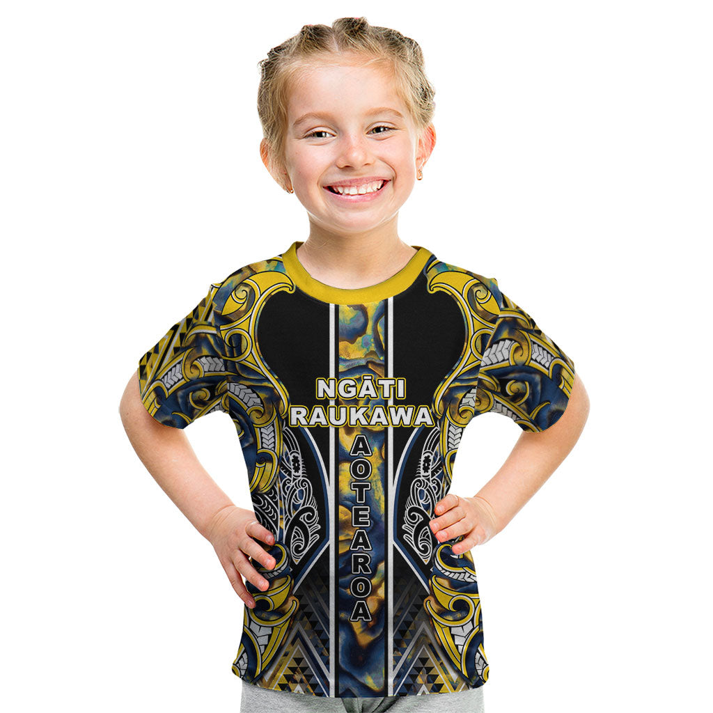 Aotearoa Ngati Raukawa Kid T Shirt Maori Tribal Yellow And Navy Paua Shell Pattern DT05 Yellow - Polynesian Pride