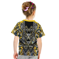 Aotearoa Ngati Raukawa Kid T Shirt Maori Tribal Yellow And Navy Paua Shell Pattern