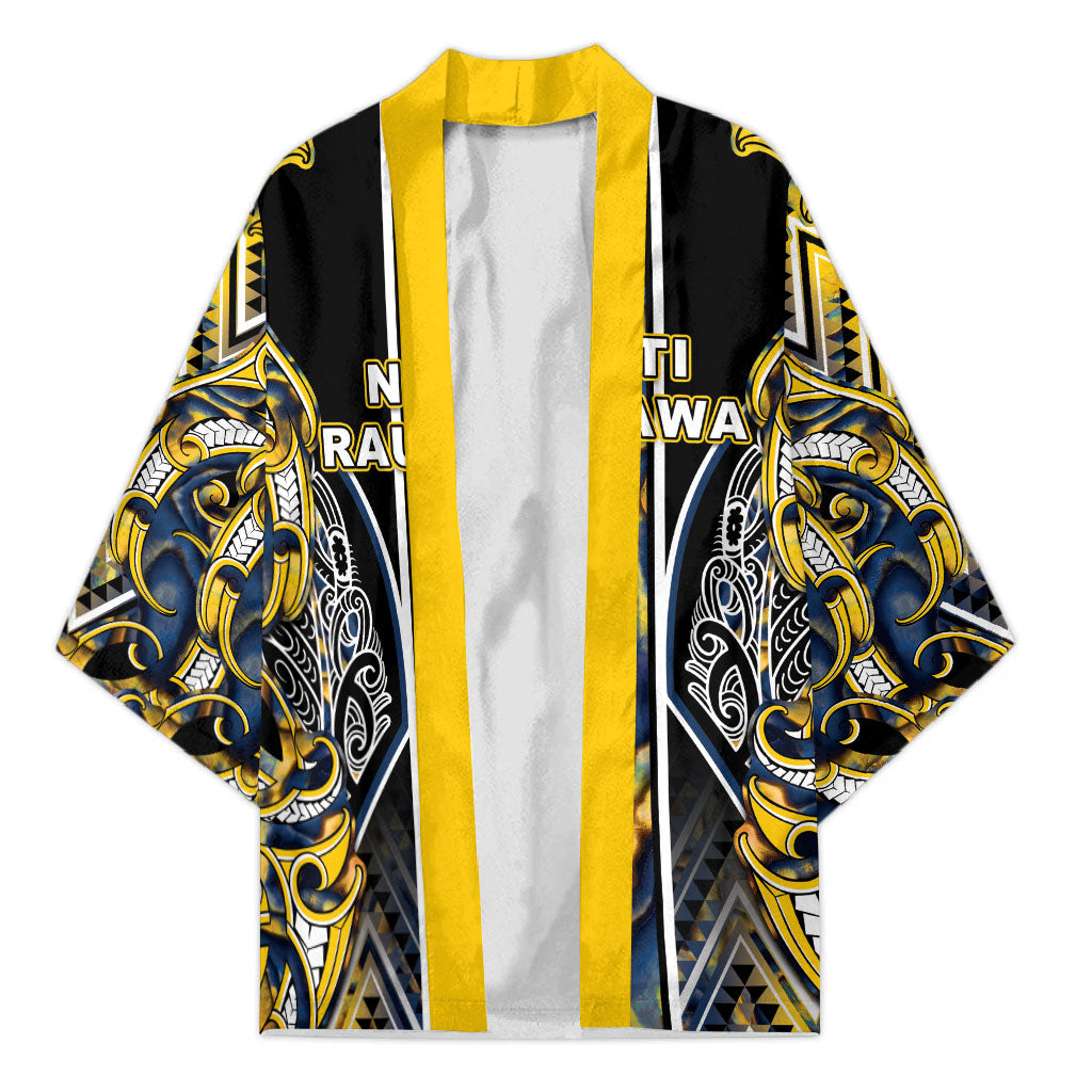 Aotearoa Ngati Raukawa Kimono Maori Tribal Yellow And Navy Paua Shell Pattern