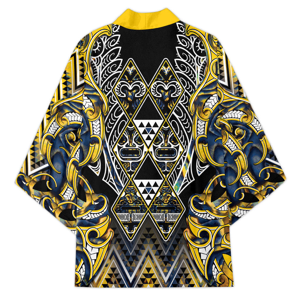 Aotearoa Ngati Raukawa Kimono Maori Tribal Yellow And Navy Paua Shell Pattern