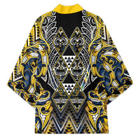 Aotearoa Ngati Raukawa Kimono Maori Tribal Yellow And Navy Paua Shell Pattern