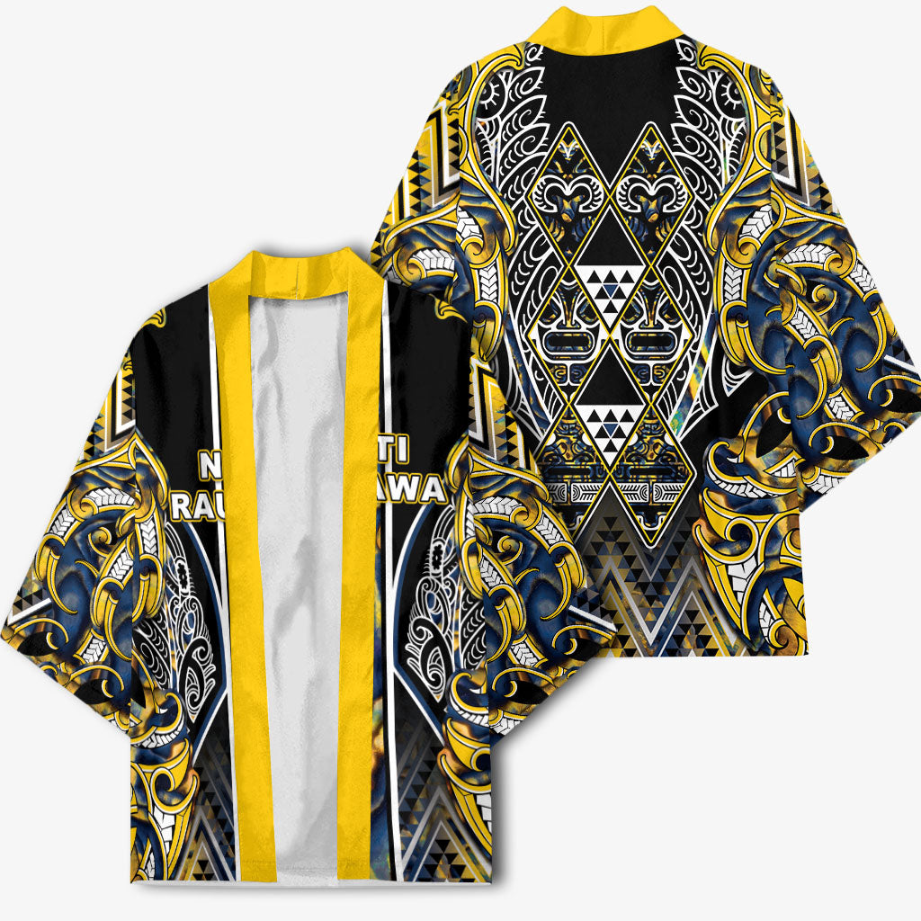 Aotearoa Ngati Raukawa Kimono Maori Tribal Yellow And Navy Paua Shell Pattern