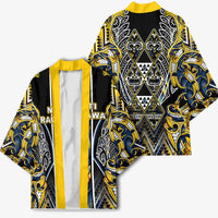 Aotearoa Ngati Raukawa Kimono Maori Tribal Yellow And Navy Paua Shell Pattern