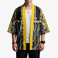 Aotearoa Ngati Raukawa Kimono Maori Tribal Yellow And Navy Paua Shell Pattern