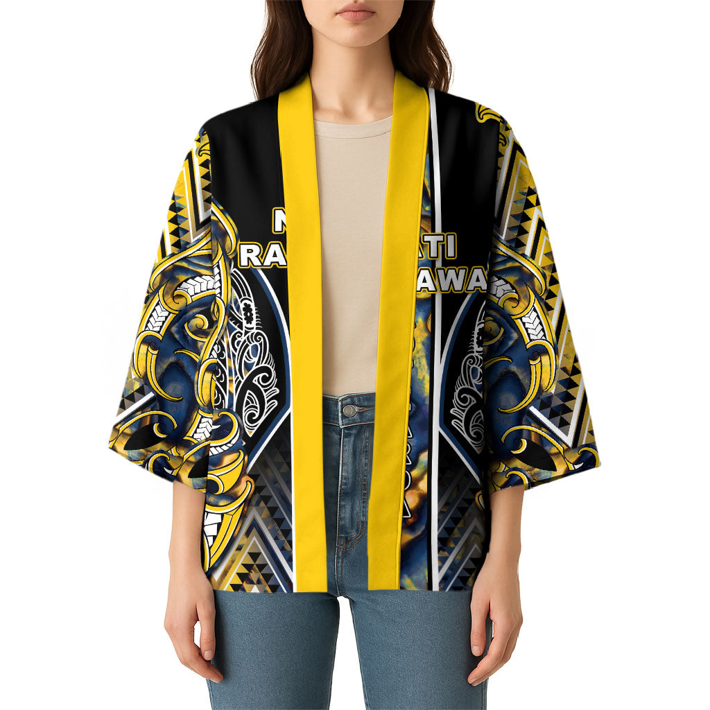 Aotearoa Ngati Raukawa Kimono Maori Tribal Yellow And Navy Paua Shell Pattern