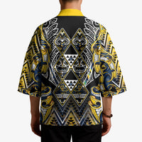 Aotearoa Ngati Raukawa Kimono Maori Tribal Yellow And Navy Paua Shell Pattern