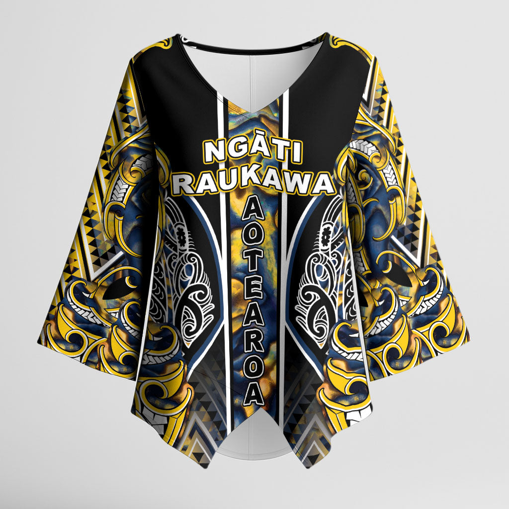 Aotearoa Ngati Raukawa Kimono Sleeve Blouse Maori Tribal Yellow And Navy Paua Shell Pattern