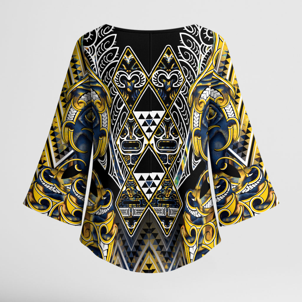 Aotearoa Ngati Raukawa Kimono Sleeve Blouse Maori Tribal Yellow And Navy Paua Shell Pattern