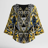 Aotearoa Ngati Raukawa Kimono Sleeve Blouse Maori Tribal Yellow And Navy Paua Shell Pattern