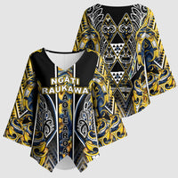 Aotearoa Ngati Raukawa Kimono Sleeve Blouse Maori Tribal Yellow And Navy Paua Shell Pattern