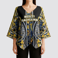 Aotearoa Ngati Raukawa Kimono Sleeve Blouse Maori Tribal Yellow And Navy Paua Shell Pattern