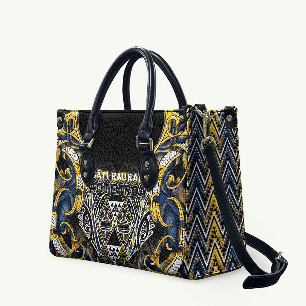 Aotearoa Ngati Raukawa Leather Bag Maori Tribal Yellow And Navy Paua Shell Pattern