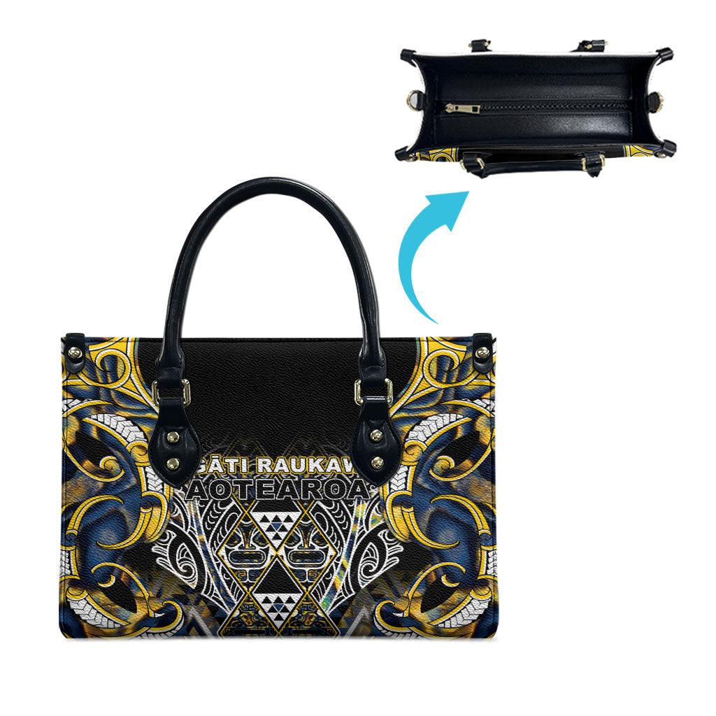 Aotearoa Ngati Raukawa Leather Bag Maori Tribal Yellow And Navy Paua Shell Pattern