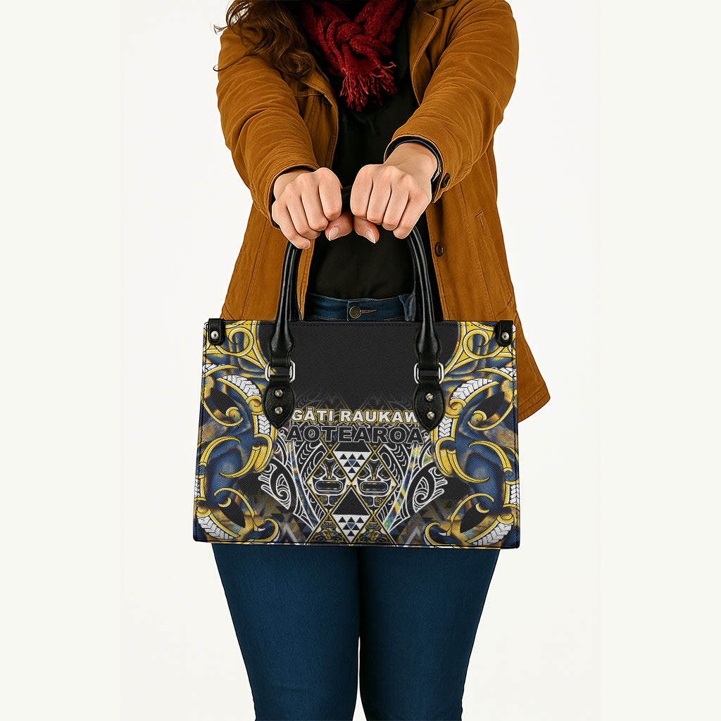 Aotearoa Ngati Raukawa Leather Bag Maori Tribal Yellow And Navy Paua Shell Pattern