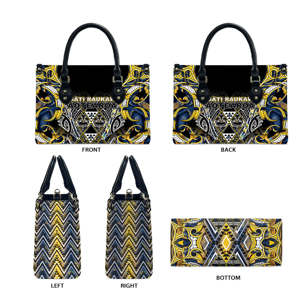 Aotearoa Ngati Raukawa Leather Bag Maori Tribal Yellow And Navy Paua Shell Pattern