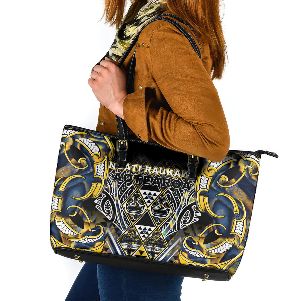Aotearoa Ngati Raukawa Leather Tote Bag Maori Tribal Yellow And Navy Paua Shell Pattern