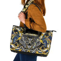 Aotearoa Ngati Raukawa Leather Tote Bag Maori Tribal Yellow And Navy Paua Shell Pattern