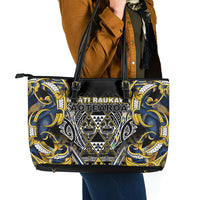 Aotearoa Ngati Raukawa Leather Tote Bag Maori Tribal Yellow And Navy Paua Shell Pattern