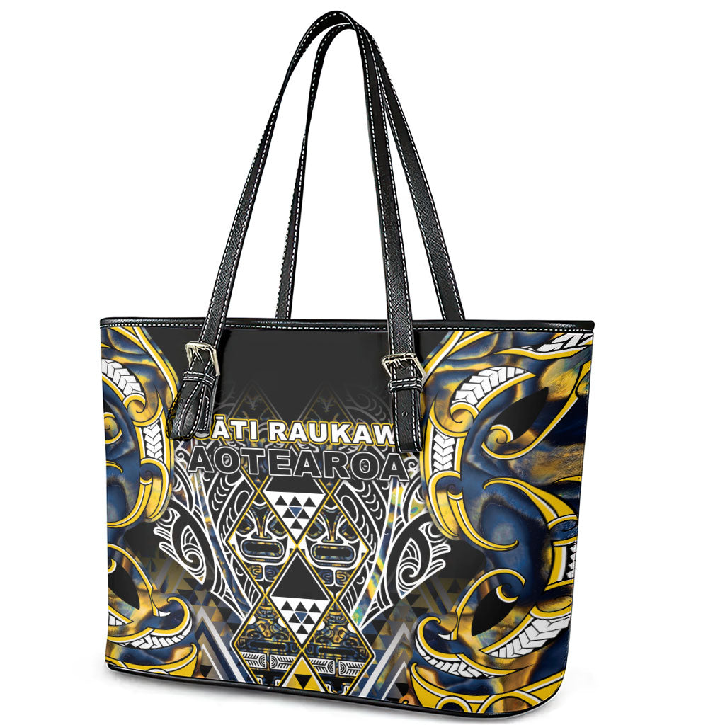 Aotearoa Ngati Raukawa Leather Tote Bag Maori Tribal Yellow And Navy Paua Shell Pattern