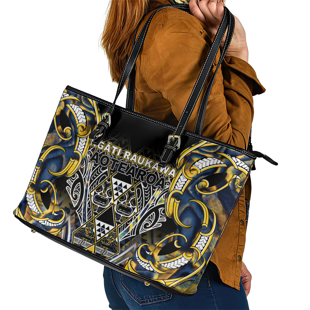 Aotearoa Ngati Raukawa Leather Tote Bag Maori Tribal Yellow And Navy Paua Shell Pattern