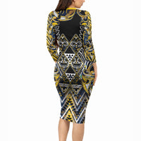 Aotearoa Ngati Raukawa Long Sleeve Bodycon Dress Maori Tribal Yellow And Navy Paua Shell Pattern