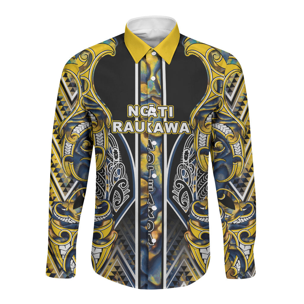 Aotearoa Ngati Raukawa Long Sleeve Button Shirt Maori Tribal Yellow And Navy Paua Shell Pattern