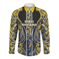 Aotearoa Ngati Raukawa Long Sleeve Button Shirt Maori Tribal Yellow And Navy Paua Shell Pattern