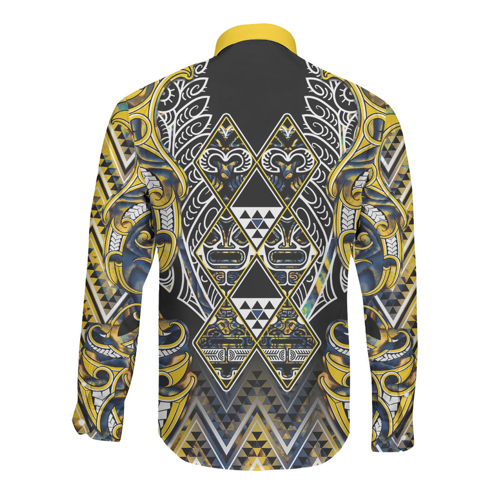 Aotearoa Ngati Raukawa Long Sleeve Button Shirt Maori Tribal Yellow And Navy Paua Shell Pattern