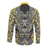Aotearoa Ngati Raukawa Long Sleeve Button Shirt Maori Tribal Yellow And Navy Paua Shell Pattern