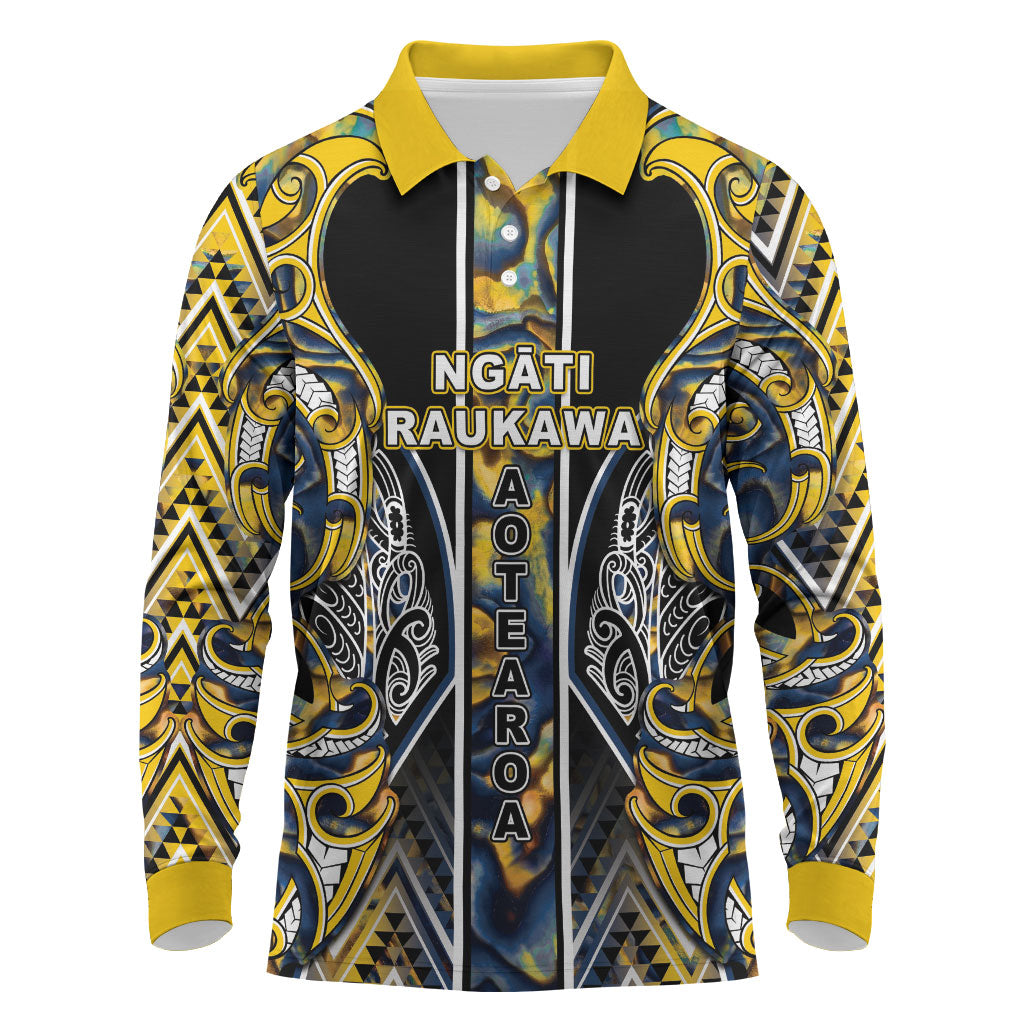 Aotearoa Ngati Raukawa Long Sleeve Polo Shirt Maori Tribal Yellow And Navy Paua Shell Pattern