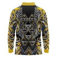 Aotearoa Ngati Raukawa Long Sleeve Polo Shirt Maori Tribal Yellow And Navy Paua Shell Pattern