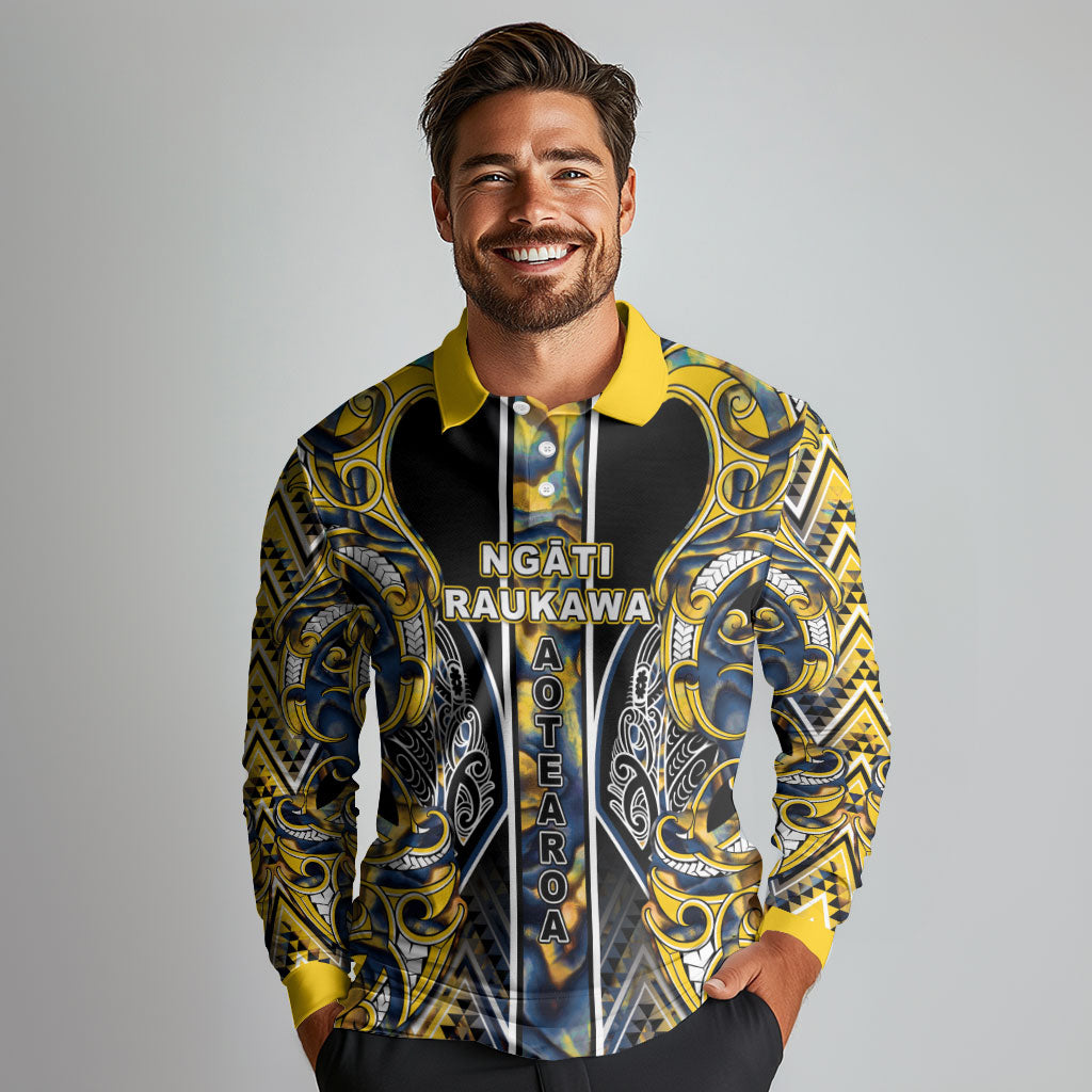 Aotearoa Ngati Raukawa Long Sleeve Polo Shirt Maori Tribal Yellow And Navy Paua Shell Pattern