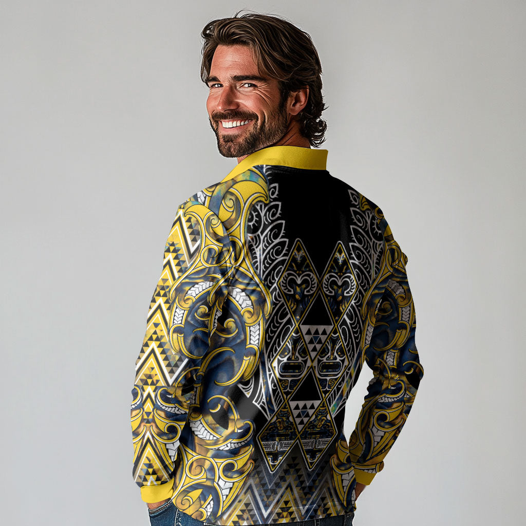 Aotearoa Ngati Raukawa Long Sleeve Polo Shirt Maori Tribal Yellow And Navy Paua Shell Pattern