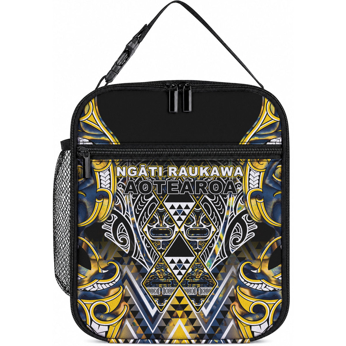 Aotearoa Ngati Raukawa Lunch Bag Maori Tribal Yellow And Navy Paua Shell Pattern