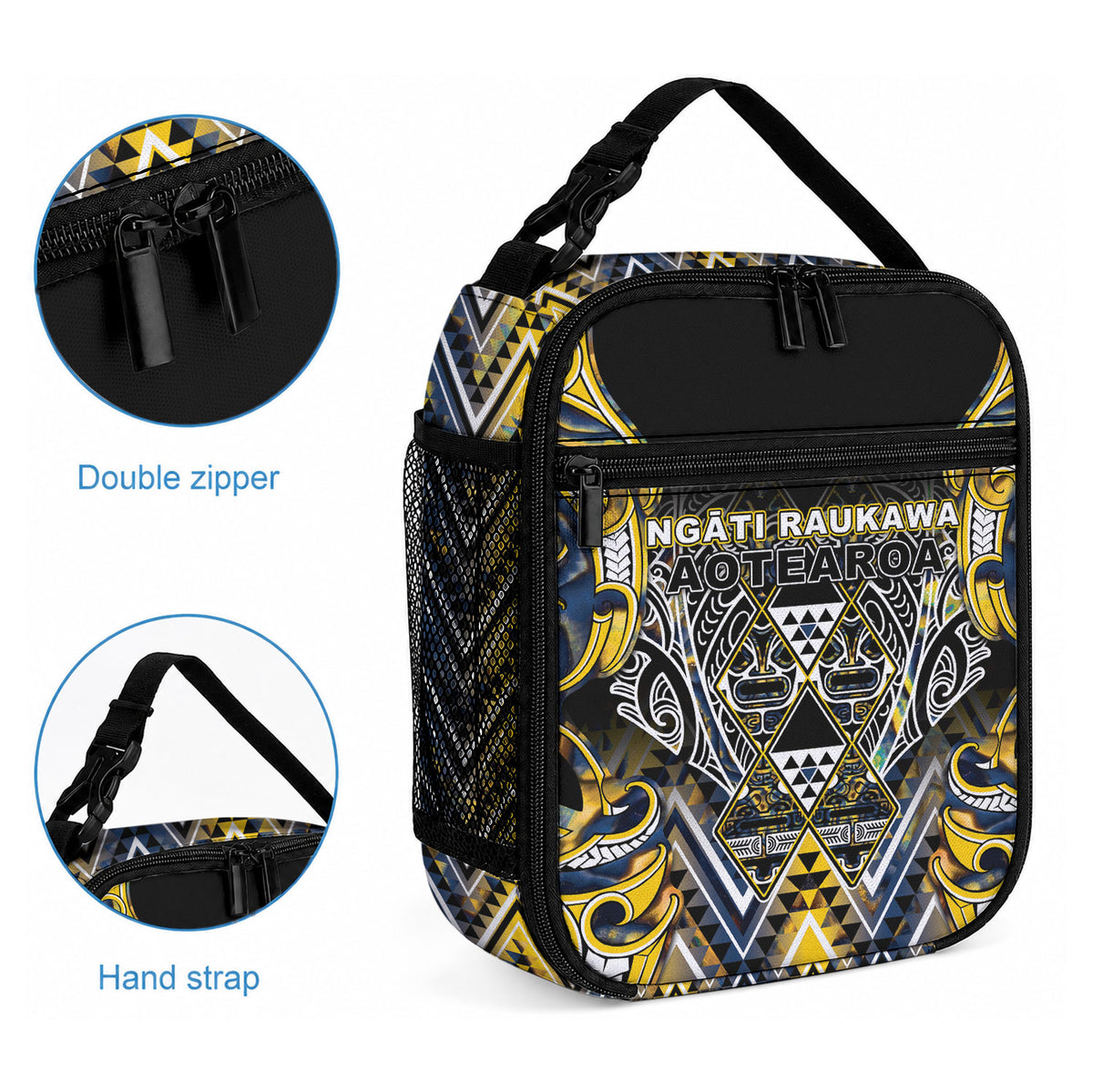 Aotearoa Ngati Raukawa Lunch Bag Maori Tribal Yellow And Navy Paua Shell Pattern