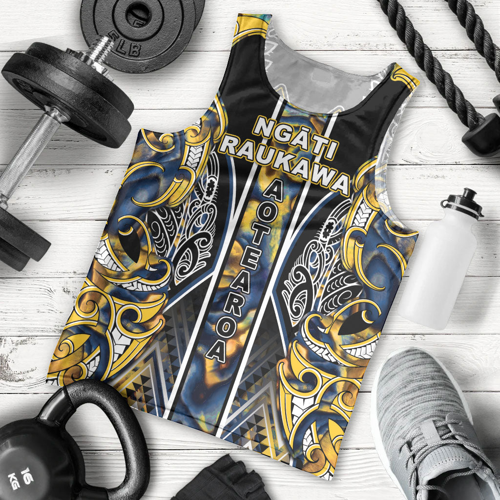 Aotearoa Ngati Raukawa Men Tank Top Maori Tribal Yellow And Navy Paua Shell Pattern