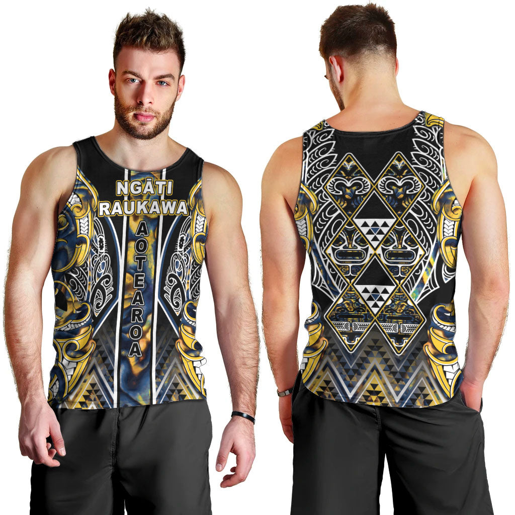 Aotearoa Ngati Raukawa Men Tank Top Maori Tribal Yellow And Navy Paua Shell Pattern