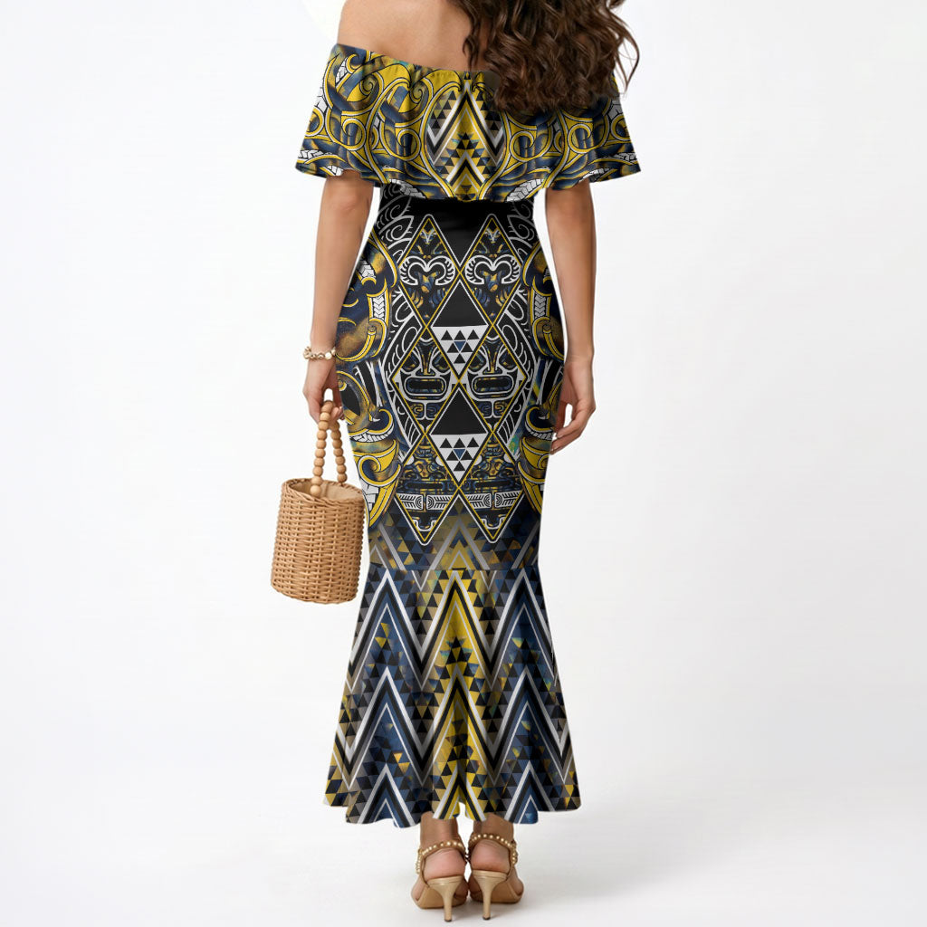 Aotearoa Ngati Raukawa Mermaid Dress Maori Tribal Yellow And Navy Paua Shell Pattern