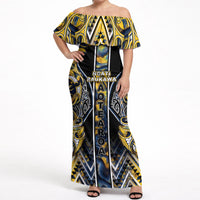 Aotearoa Ngati Raukawa Off Shoulder Maxi Dress Maori Tribal Yellow And Navy Paua Shell Pattern
