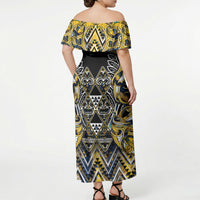 Aotearoa Ngati Raukawa Off Shoulder Maxi Dress Maori Tribal Yellow And Navy Paua Shell Pattern