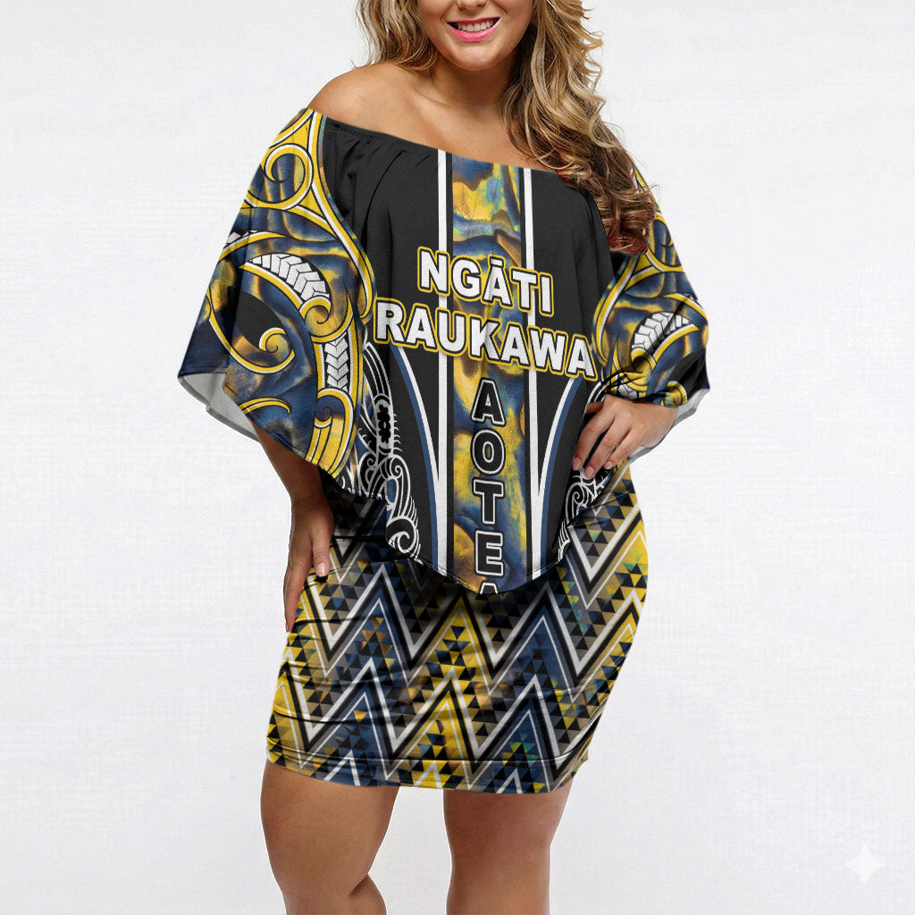 Aotearoa Ngati Raukawa Off Shoulder Short Dress Maori Tribal Yellow And Navy Paua Shell Pattern